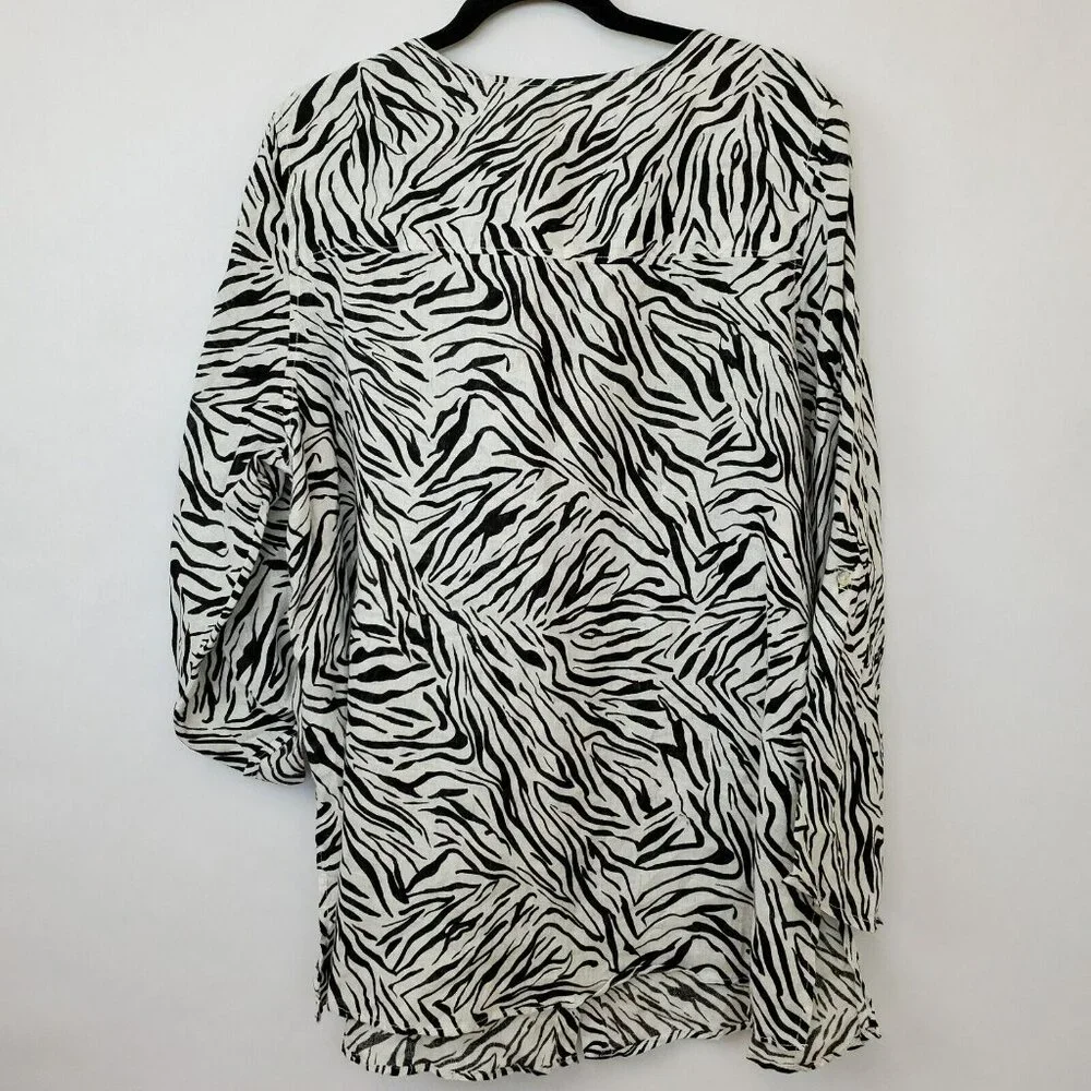 Cynthia Rowley Top Womens 2X Linen Zebra Animal Roll Tab Sleeves Button Front - Picture 7 of 10